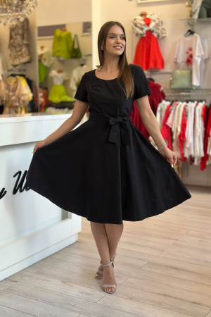 Rochie neagra in clos cu broderie si cordon in talie [0]