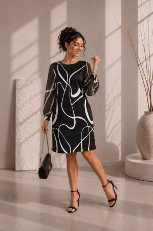 Imbracaminte dama - Haine cu suflet - Rochie neagra in croi drept cu dungi albe curbate