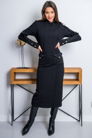 Rochii de zi - Rochie neagra lunga cu maneci si curea in talie