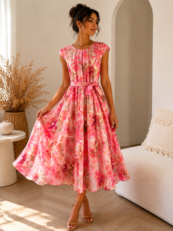 Rochii de eveniment - Rochie pe fond bej cu imprimeu floral roz
