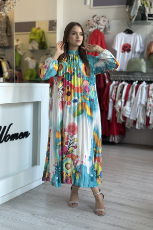 Rochii de eveniment - Rochie plisata alb cu turcoaz si imprimeu colorat