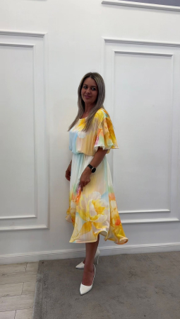 Colectia NOUA - Rochie plisata galbena cu maneci clopot