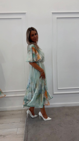 Colectia NOUA - Rochie plisata turcoaz cu maneci clopot