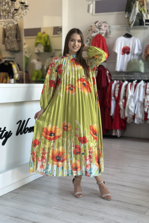 Colectia NOUA - Rochie plisata verde fistic cu imprimeu maci