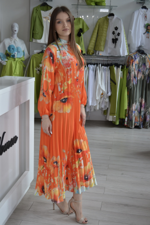 Rochie portocalie plisata lunga cu imprimeu flori portocalii [1]