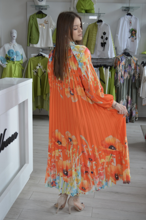 Rochie portocalie plisata lunga cu imprimeu flori portocalii [2]