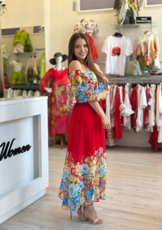 Rochie rosie din voal cu imprimeu flori multicolore [2]