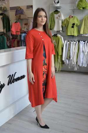 Rochie rosie lunga cu nasturi diamant si sfert de imprimeu maci [1]