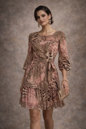 Rochii de zi - Rochie roz prăfuit cu imprimeu animal print și curea