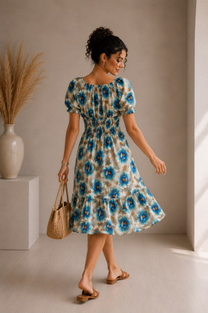 Colectia NOUA - Rochie scurta bej cu imprimeu flori albastre
