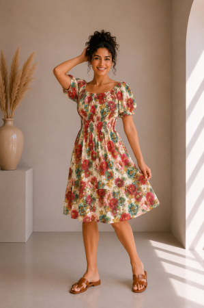 Colectia NOUA - Rochie scurta bej cu imprimeu flori fuxia