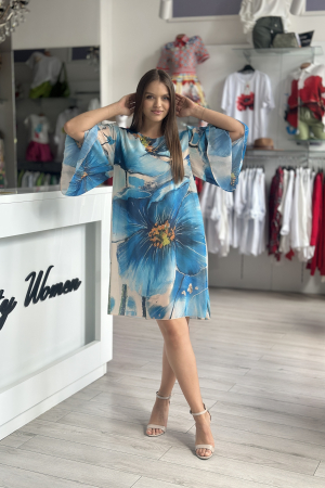 Rochie scurta cu imprimeu floral albastru pe fond bej [1]