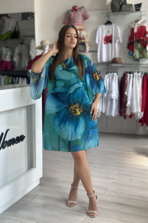 Rochie scurta cu imprimeu floral albastru pe fond verde [1]