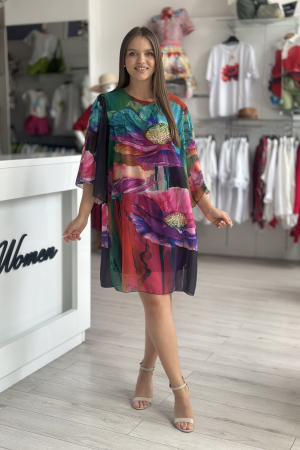 Promotii actuale - Rochie scurta cu imprimeu floral multicolor pe fond negru