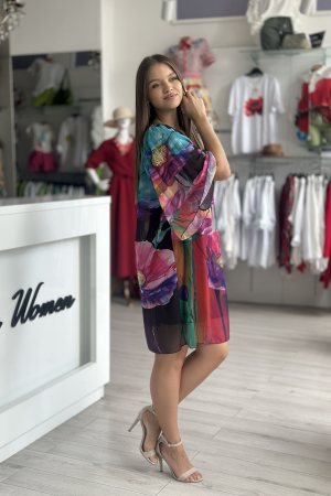 Rochie scurta cu imprimeu floral multicolor pe fond negru [2]