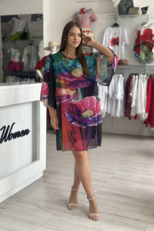 Rochie scurta cu imprimeu floral multicolor pe fond negru [1]