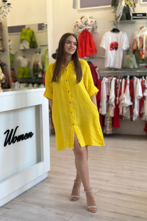 Colectia NOUA - Rochie scurta galbena tip camasa din in