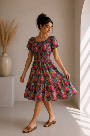 Colectia NOUA - Rochie scurta turcoaz cu imprimeu flori fuxia