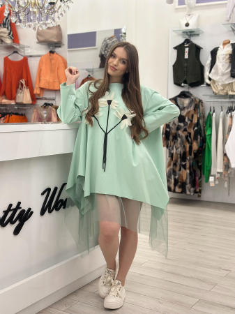 Promotii actuale - Rochie tunica turcoaz din bumbac cu tulle si flori albe