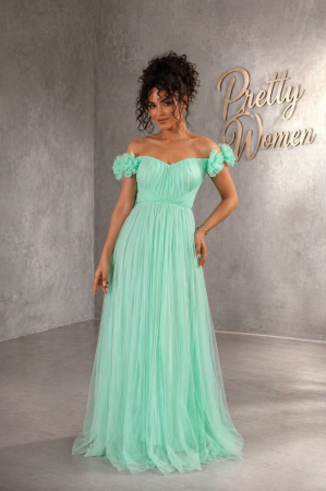 Imbracaminte dama - Haine cu suflet - Rochie turcoaz lungă din tulle cu flori la umeri