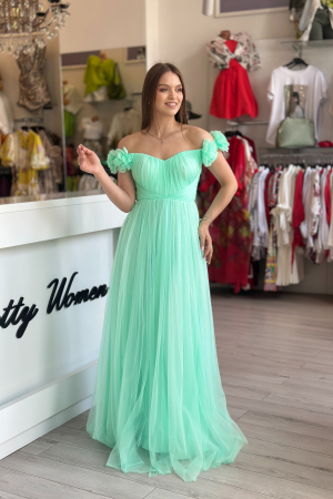 Promotii actuale - Rochie turcoaz lungă din tulle cu flori la umeri