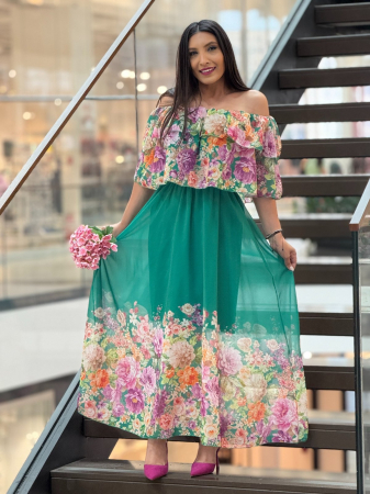 Colectia NOUA - Rochie verde din voal cu imprimeu flori multicolore
