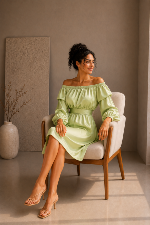 Rochii de eveniment - Rochie verde menta din satin cu maneci bufante