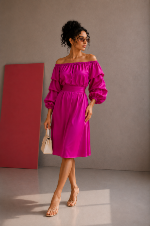 Rochii de eveniment - Rochita roz fuchsia din satin cu maneci bufante
