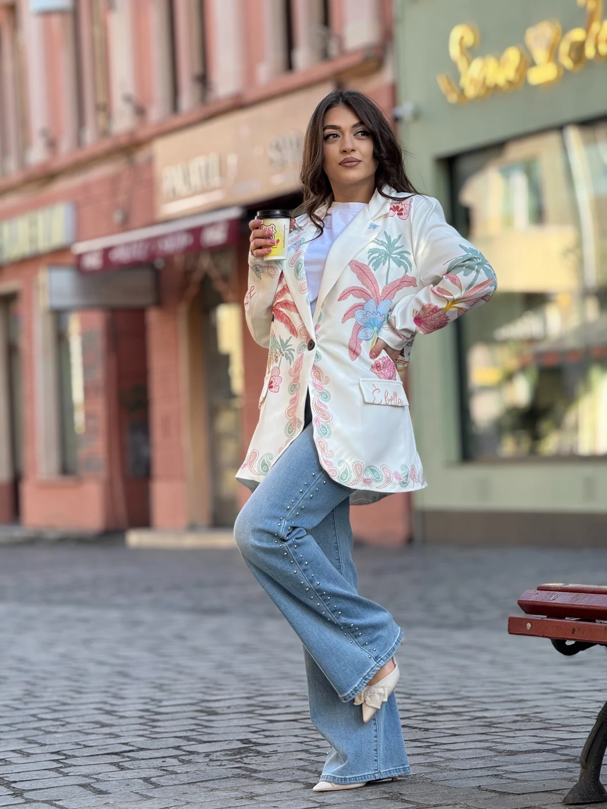 Sacouri - Sacou dama alb ivory cu imprimeu palmieri roz pastel