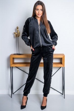 Costum si compleu - Trening dama negru din catifea cu fermoar si model pe lateral