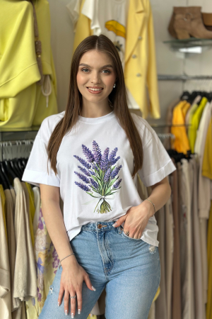Tricouri si topuri - Tricou alb din bumbac cu imprimeu flori de lavanda