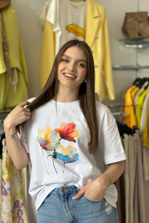 Tricouri si topuri - Tricou alb din bumbac cu imprimeu flori multicolore pastel