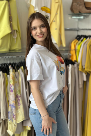 Tricou alb din bumbac cu imprimeu flori multicolore pastel [1]