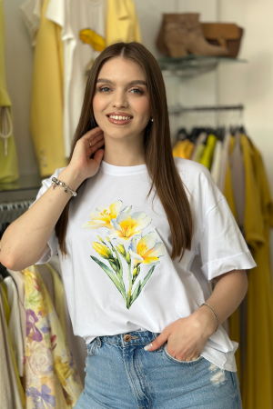 Tricouri si topuri - Tricou alb din bumbac cu imprimeu frezii galbene