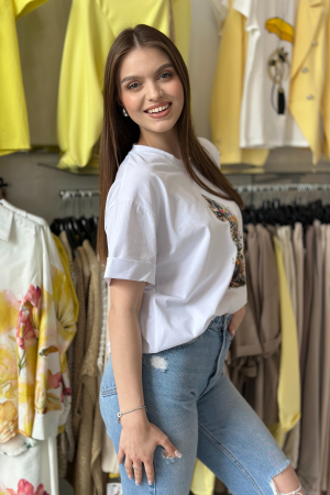 Tricou alb din bumbac cu imprimeu pisica [1]