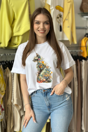 Tricouri si topuri - Tricou alb din bumbac cu imprimeu pisica