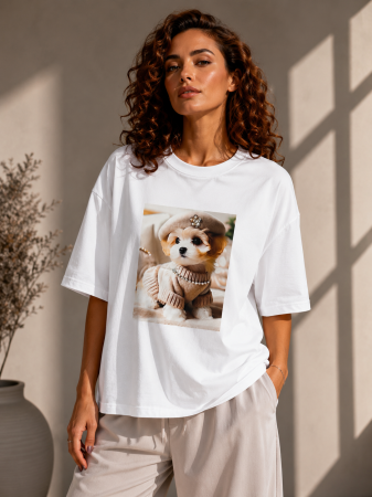Colectia NOUA - Tricou dama alb cu imprimeu catel cu basca bej