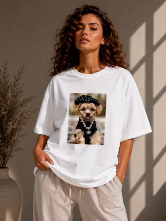 Imbracaminte dama - Haine cu suflet - Tricou dama alb cu imprimeu catel cu basca neagra