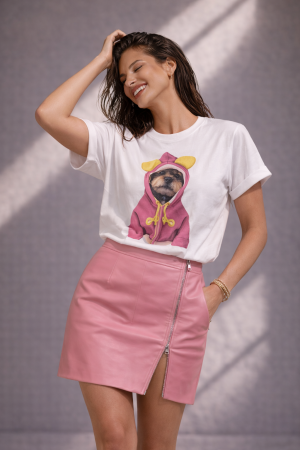 Colectia NOUA - Tricou dama alb cu imprimeu catel cu hanorac roz