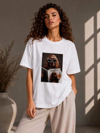 Colectia NOUA - Tricou dama alb cu imprimeu catel cu ochelari de soare