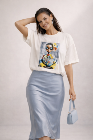 Tricouri si topuri - Tricou dama alb cu imprimeu fata ceasca cu flori