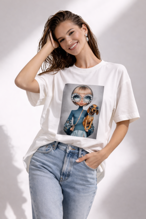 Colectia NOUA - Tricou dama alb cu imprimeu fata si catel cu ochelari