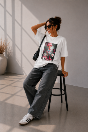 Colectia NOUA - Tricou dama alb cu imprimeu fetita cu rochita roz stil kimono