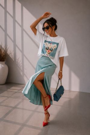Colectia NOUA - Tricou dama alb din bumbac cu imprimeu fetita cu flori de mar in par