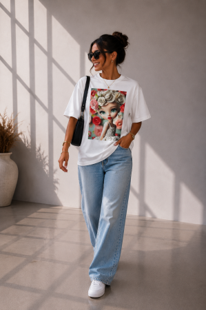 Colectia NOUA - Tricou dama alb din bumbac cu imprimeu fetita cu ochi verzi si rochita din dantela
