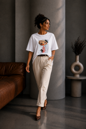 Noutati - Tricou dama alb din bumbac cu imprimeu fetita cu pietricele pe gene