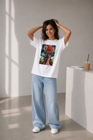 Colectia NOUA - Tricou dama alb din bumbac cu imprimeu fetita cu turban rosu