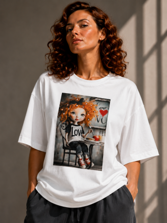 Colectia NOUA - Tricou dama alb din bumbac cu imprimeu fetita roscata