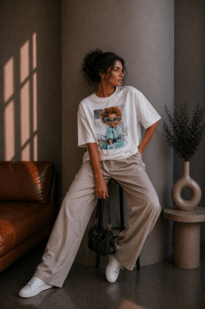 Tricouri si topuri - Tricou dama alb din bumbac cu imprimeu pisicute bleu