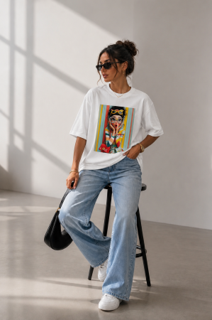 Colectia NOUA - Tricou dama alb din bumbac cu imprimeu rustic galben